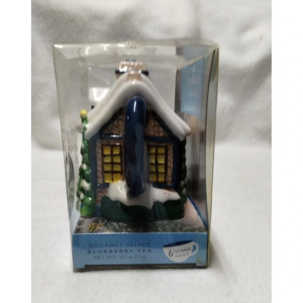 Thomas Kinkade Stone hearth Hutch Teapot Blueberry‎ Tea Gift Set 2006
